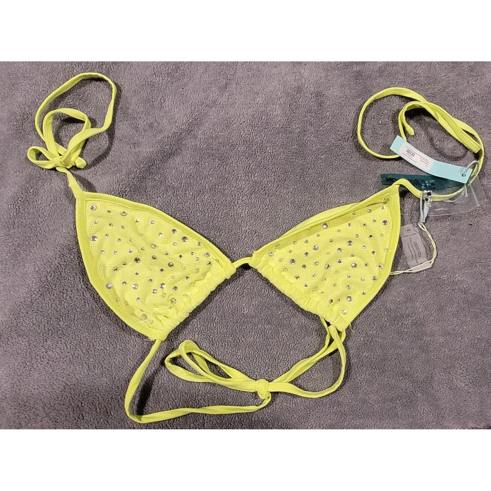 Fashion Nova Icy Girl Rhinestone Bikini Swim Top Neon Yellow Green Size S NWT